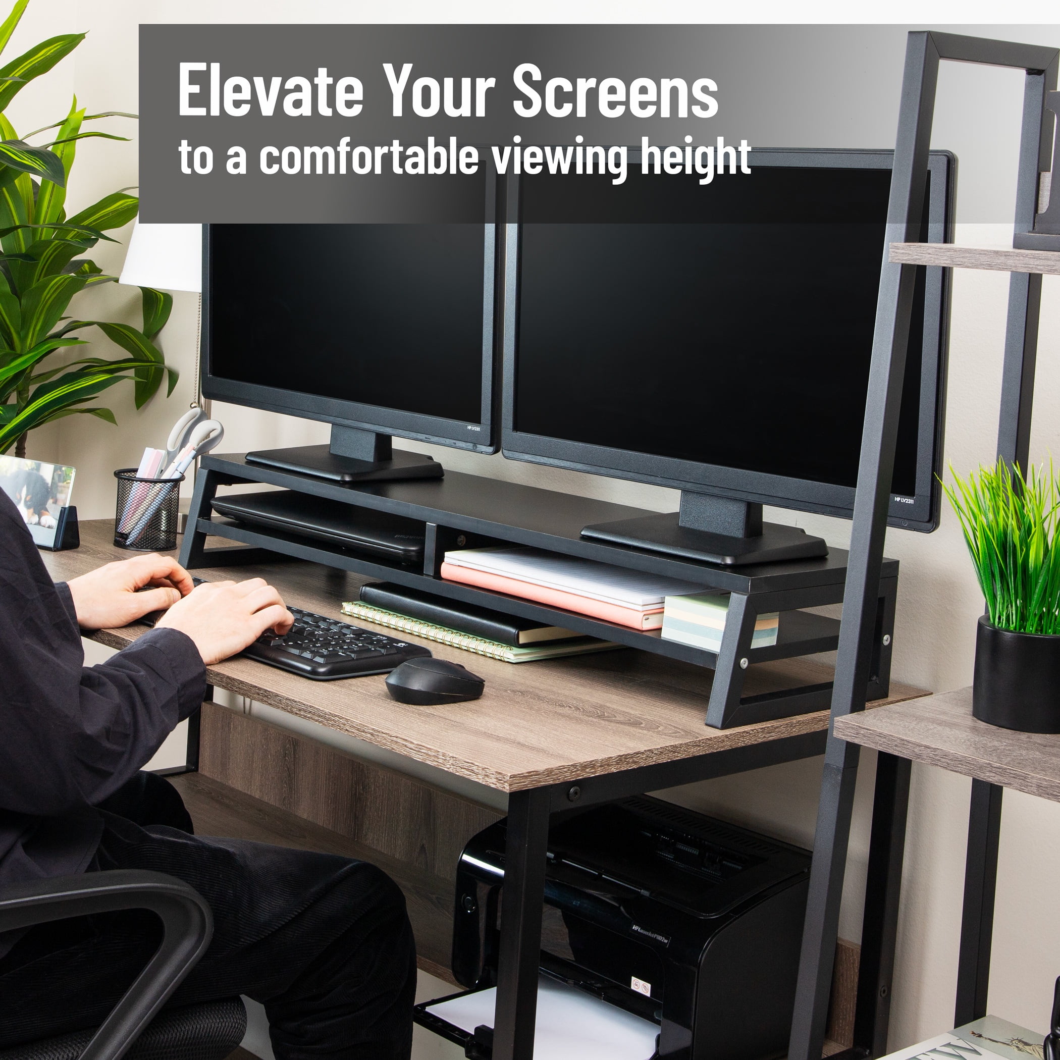 Mind Reader 2-Tier MDF Double Monitor Stand, Dual Screen Riser with Storage Shelf, Black