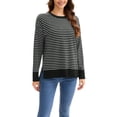 thumbnail image 2 of Suéter de punto a rayas para mujer ATHLECHIC, cuello redondo, holgado, con aberturas laterales, tops casuales de otoño, L negro-blanco, 2 of 5