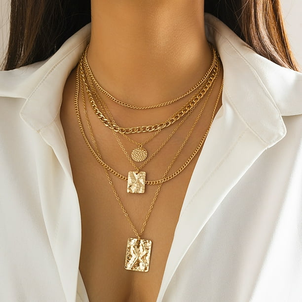 Collar apilado con cadena de metal de nicho con personalidad de Europa y Estados Unidos, colgante geométrico con patrón de piel de serpiente dulce y fresco, collar para mujer