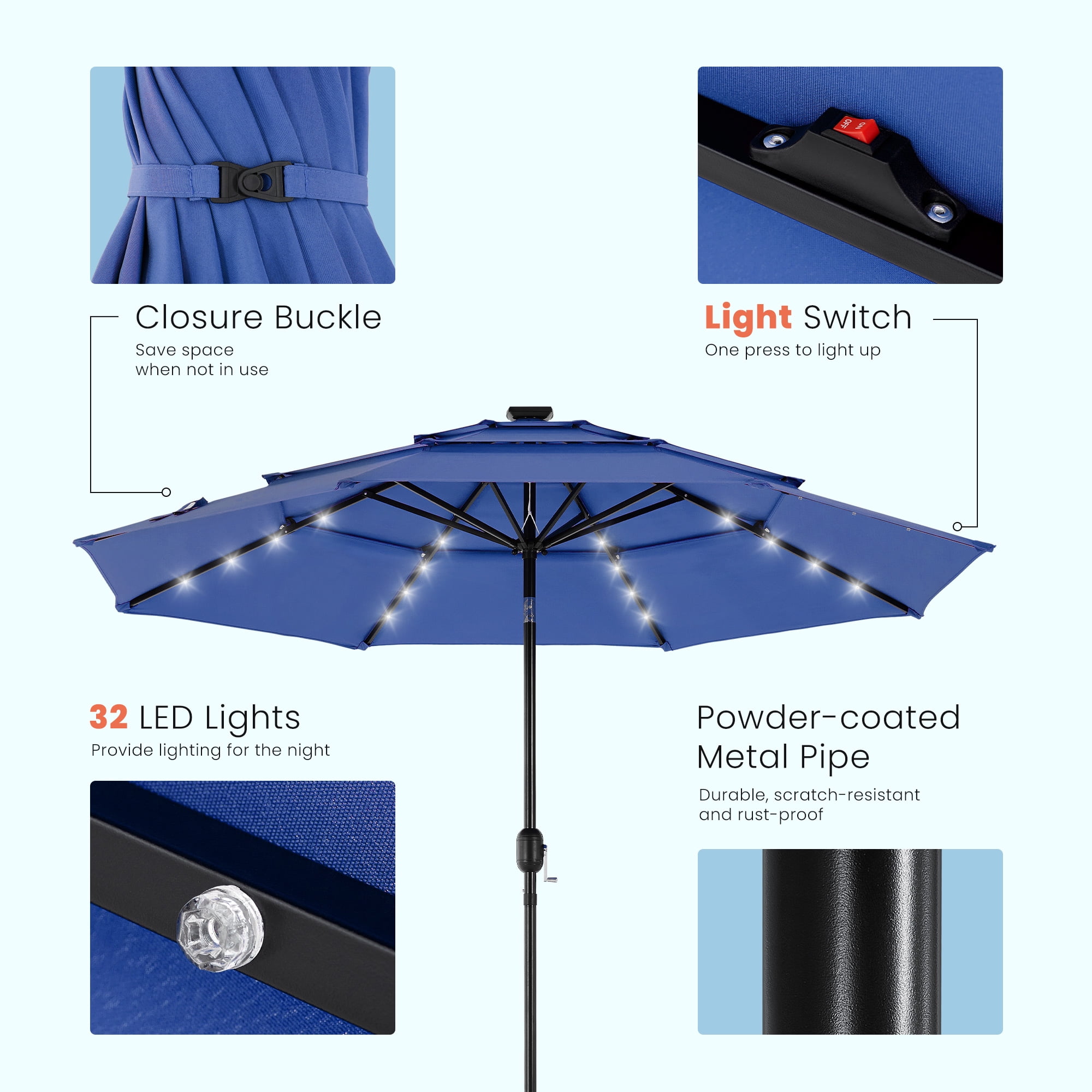 EDX 10ft 3-Tier Solar Patio Umbrella with 32 LED Lights, Outdoor Umbrellas with Push Button Tilt and Crank,Navy Blue