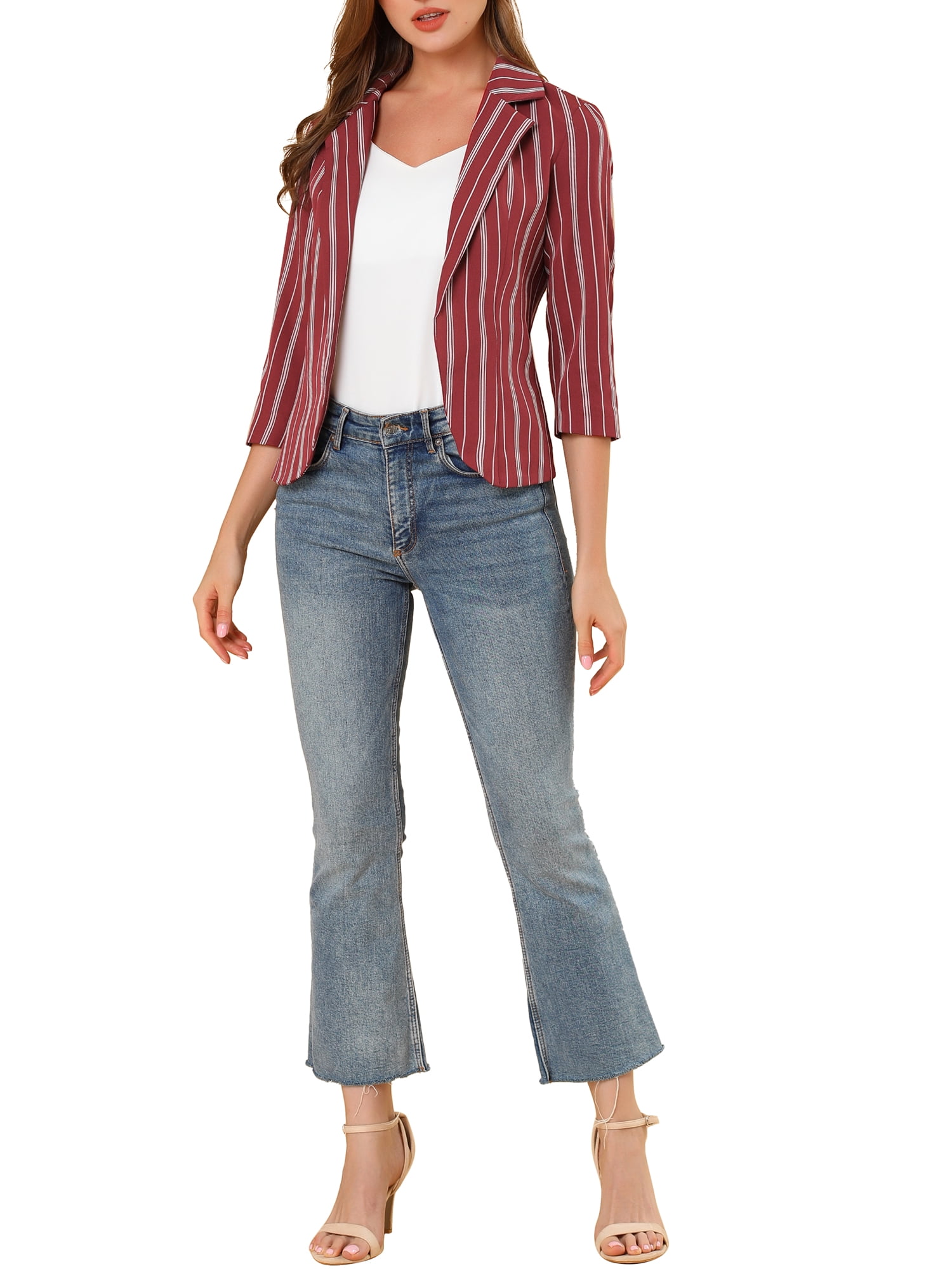 DARING DIVA Women's Striped Open Front Notched Lapel Blazer XS Red