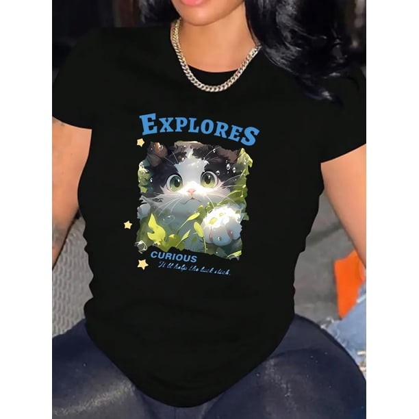 Camisetas para mujer, lindas camisetas con estampado gráfico, de manga corta, estilo casual, para veranoEveryday Comfort) Women's "EXLORES" Cat Graphic Tee - Casual & Sporty Round Neck Short Sleeve,