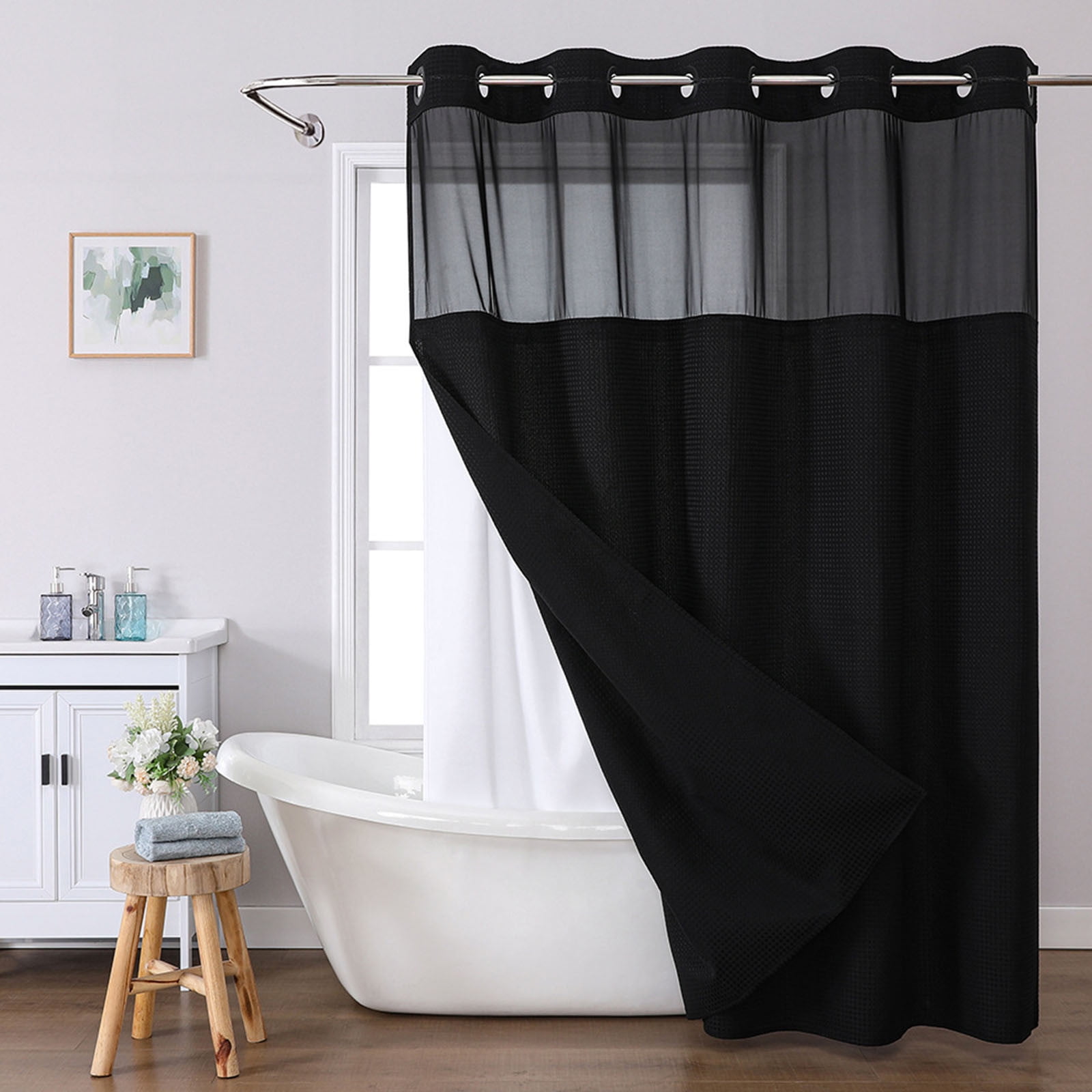 Waffle Weave Heavy Duty Shower Curtains, No Hook Shower Curtain with Snap in Fabric Liner, Hotel Style Waterproof Bathroom Curtain Set, 72 x 65 Inch