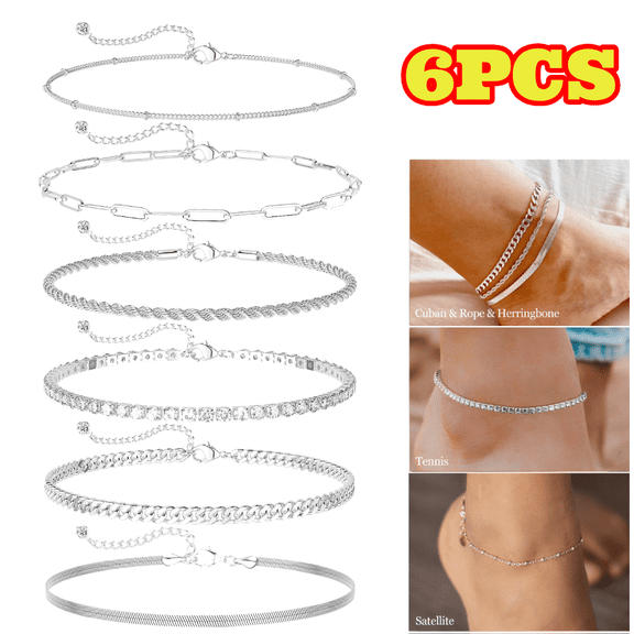 6pcs Dainty Silver Plated Ankle Bracelets for Women, Waterproof Silver Anklets Jewelry Layered Cuban Chain Herringbone Cute Anklets Set