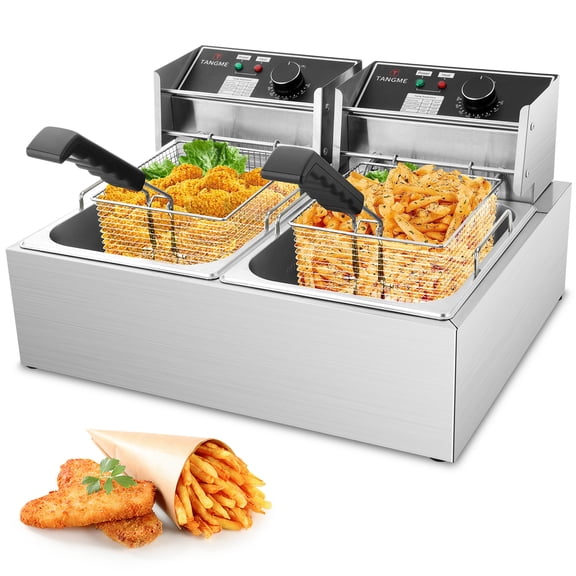 Commercial Deep Fryer - 3400W Electric Deep Fryers with 2x6.35QT Baskets 0.8mm Thickened Stainless Steel Countertop Oil Fryer 20.7QT Large Capacity with Temperature Limiter