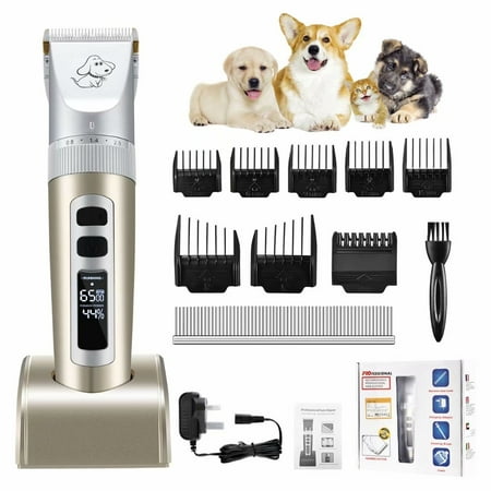 Pet Electric Clipper, Pet Hair Shaver, Grooming Trimmer Kit, Low Noise Hair Grooming Clipper Set, Rechargeable and Cordless, Long Power Supply, Clear LED Display, with 8 Comb (Best Clippers For Long Haired Dogs)