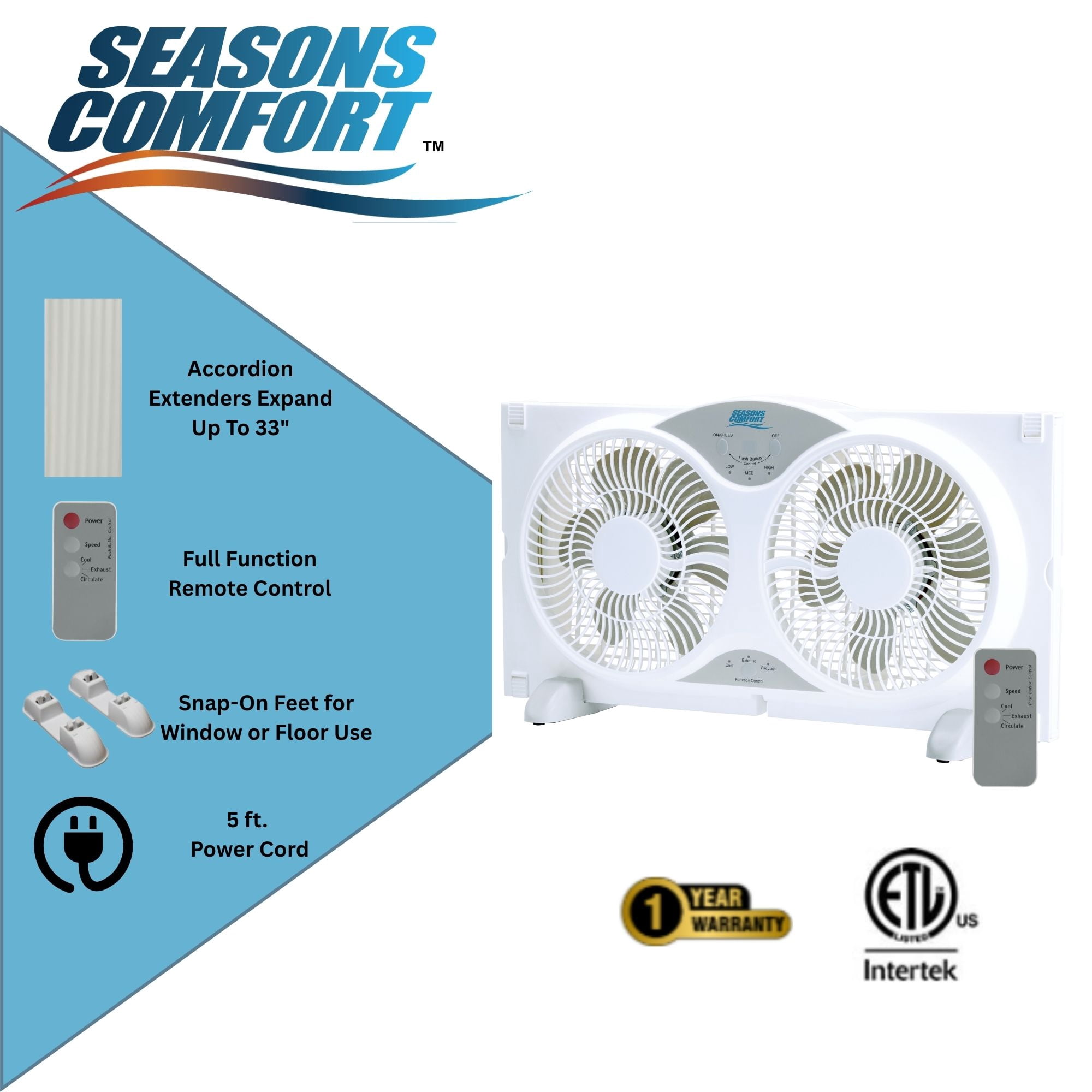 Seasons Comfort 9" Twin Window Fan, 3-Speed, Portable, Remote Control - FWF9R