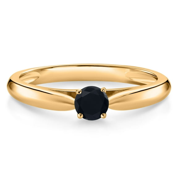 Gem Stone King 0.13 Ct Round Black Onyx 10K Yellow Gold Solitaire Engagement Ring (Size 9)