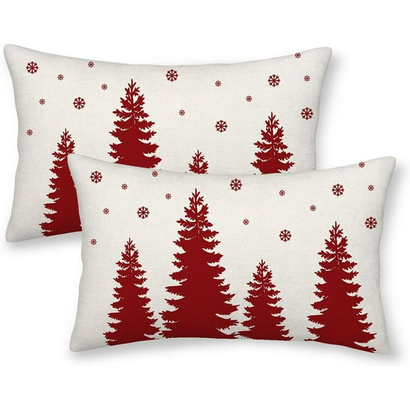 Christmas Pillow Covers 12x20 Inch Set of 2 Cream Red Christmas Tree Snowflakes Decor Throw Pillows Winter Xmas Holiday Outdoor Lumbar Cushion Cases for Couch Bed Decorations
