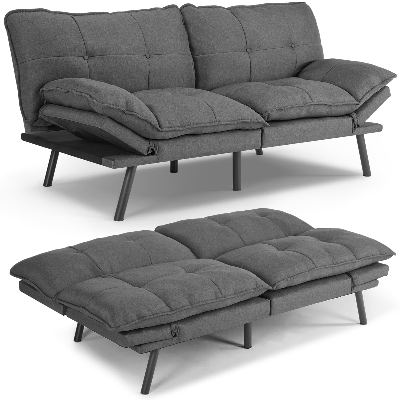 EDX Sofa Couch - Futon Sofa Bed, Full Size Futon, Sofa Sleeper, Modern Convertible Lazy Futon for Living Room, Small Space, Apartment Office, Grey