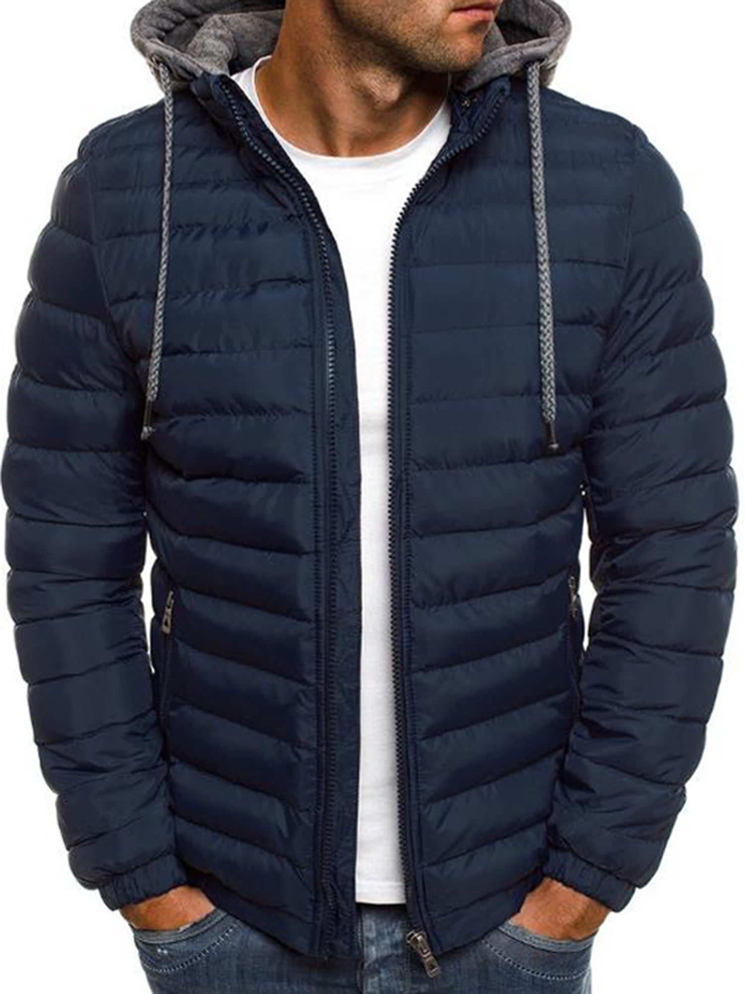 Men's Hooded Puffer Jackets Coats Winter Warm Zipper Casual Padded Outerwear