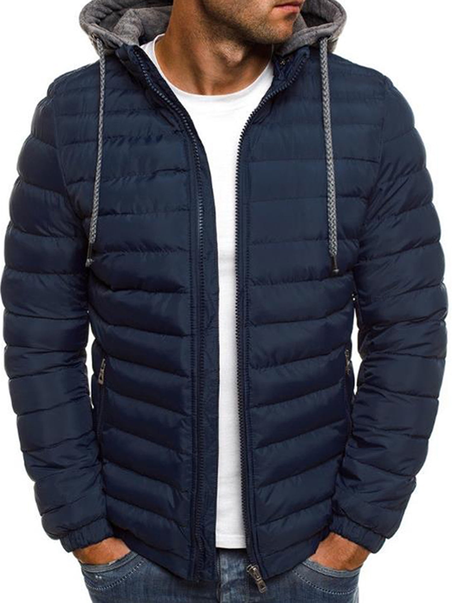 Mens Hooded Puffer Jackets Coats Winter Warm Zipper Casual Padded ...