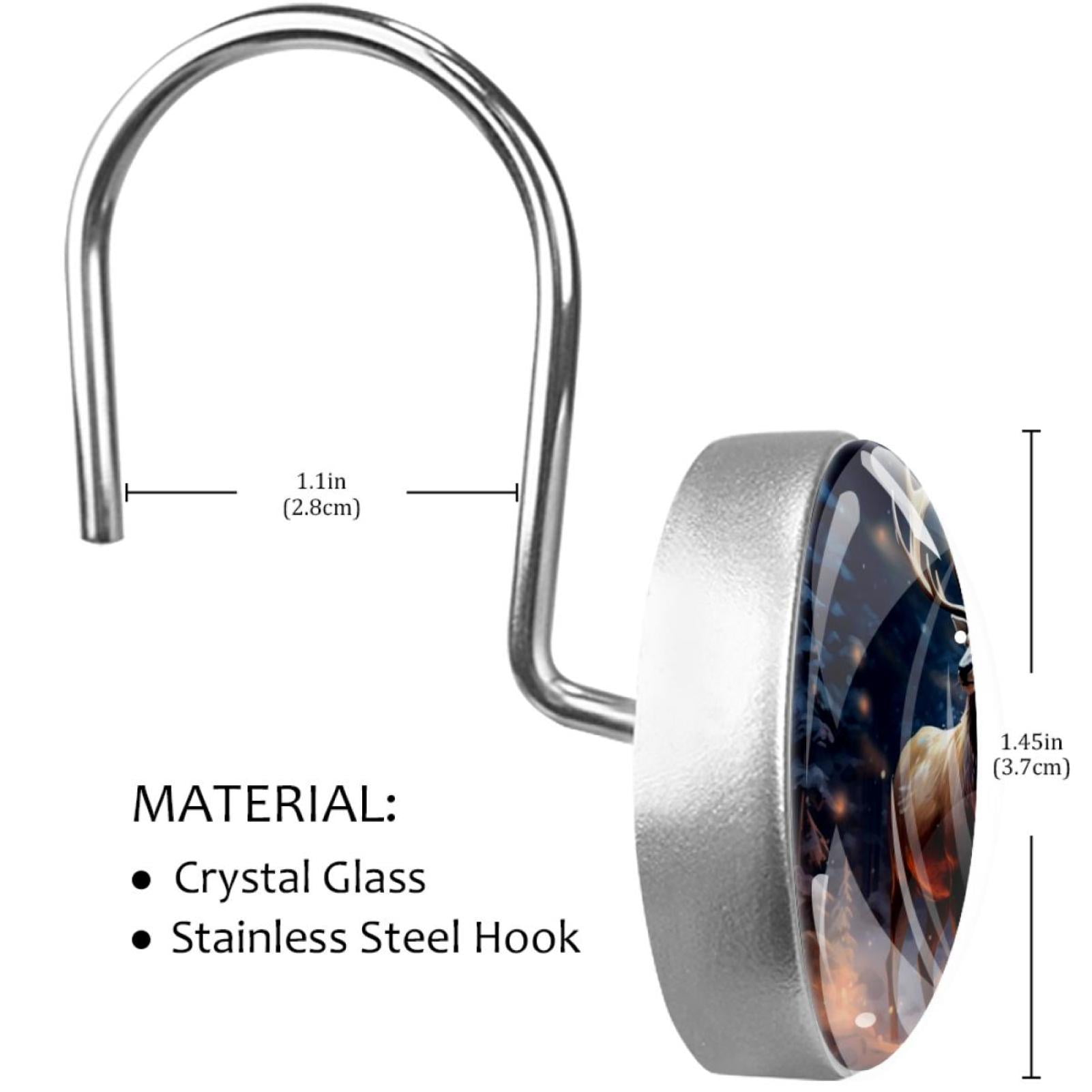 Christmas Elk Shower Curtain Hooks （Set of 12） for Home Hotel Shower Rods Bathroom Crystal Glass Print Stainless Steel Round Curtain Hooks