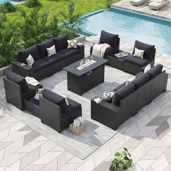 Aoxun Patio Furniture Sets with 44'' Fire Pit, 13 Pcs Outdoor Patio Coversation Set with 4in Thicken Cushion, Widen Armrests Wicker Outdoor Sectional for Backyard (Waterproof Cover Include)