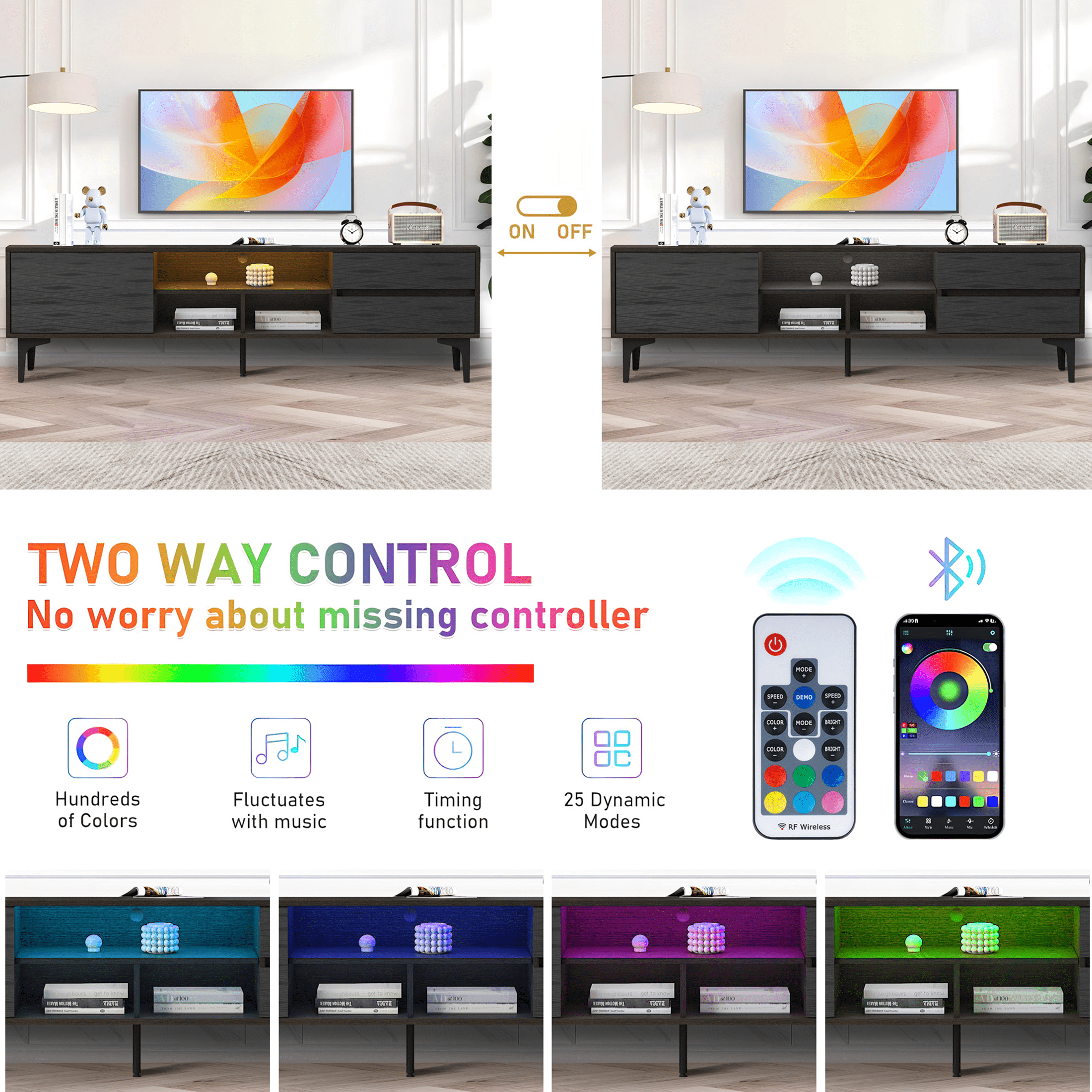 SESSLIFE TV Stand for 70 Inch TV, TV Console Table with RGB LED Lights, Modern Wood Entertainment Center with Cabinet and Drawers, TV Cabinet for Living Room, Bedroom, Black