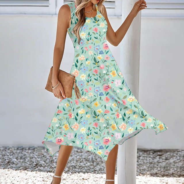 Ovzne Robes pour Femmes Robe Femme Robe à Imprimé Sans Manches avec Poche Ourlet Irrégulier Col Rond Robe de Vacances Robe Imprimée Liquidation
