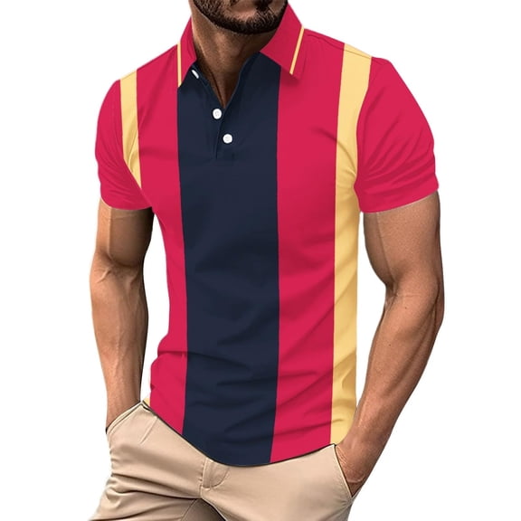 Telankuip Mens Striped Color Blocking Polo Shirts Summer Lightweight Quick-Dry Short Sleeve Casual Collared T Shirts with Pocket Stretch Slim Fitted Quarter Button Sports Tee 4-Red XL