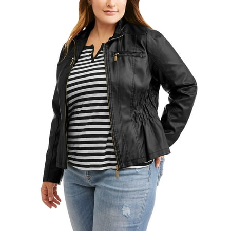 New Look Women's Plus Smocked Waist Faux Leather Jacket with Zip ...