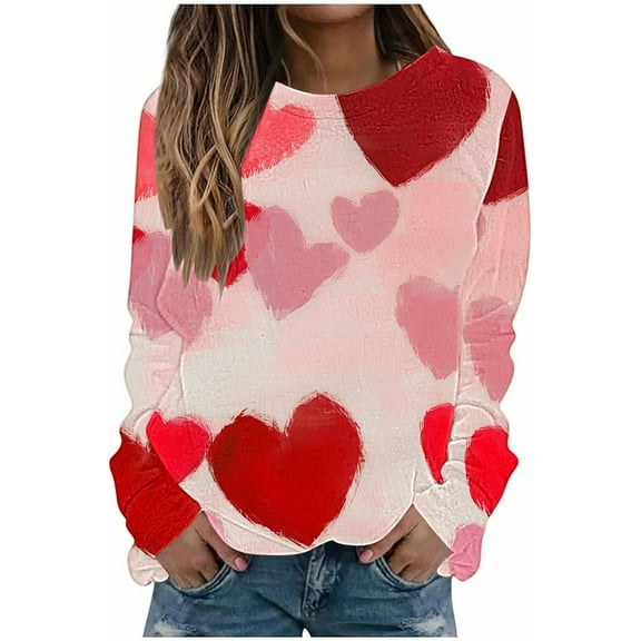 Plus Size Long Sleeve Shirts for Womens Cute Heart Valentines Day Sweatshirt Crewneck Pullover Tops