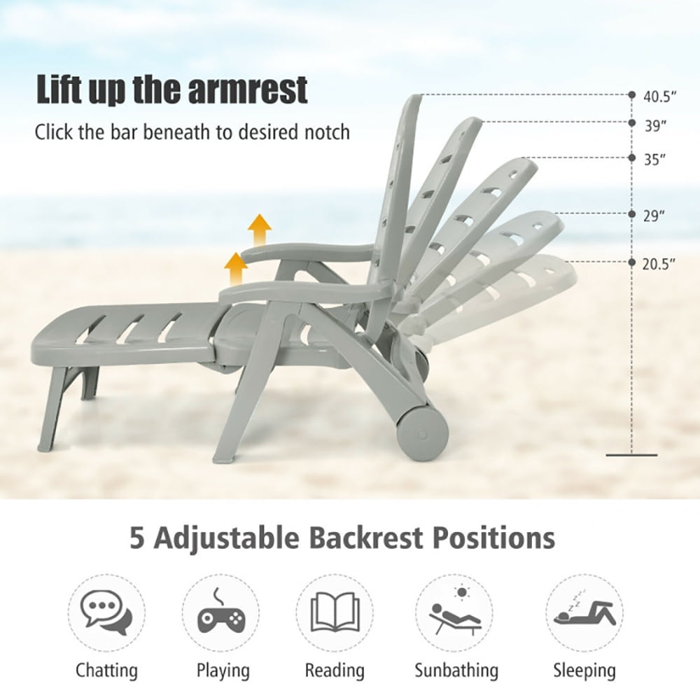 Aimee Lii 5 Position Adjustable Folding Lounger Chaise Chair on Wheels, Patio Loungers, Gray