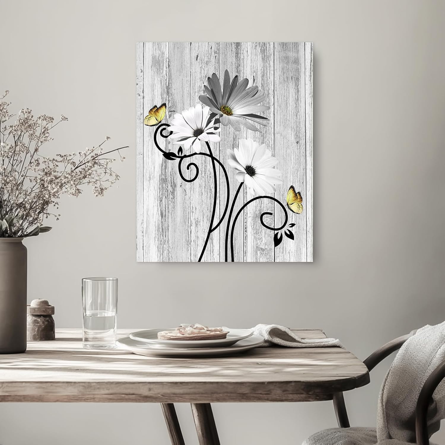 Floral Canvas Wall Art - Daisy & Butterfly Botanical Wall Decor, Rustic Farmhouse Pictures for Living Room, Bedroom, Bathroom & Home Office