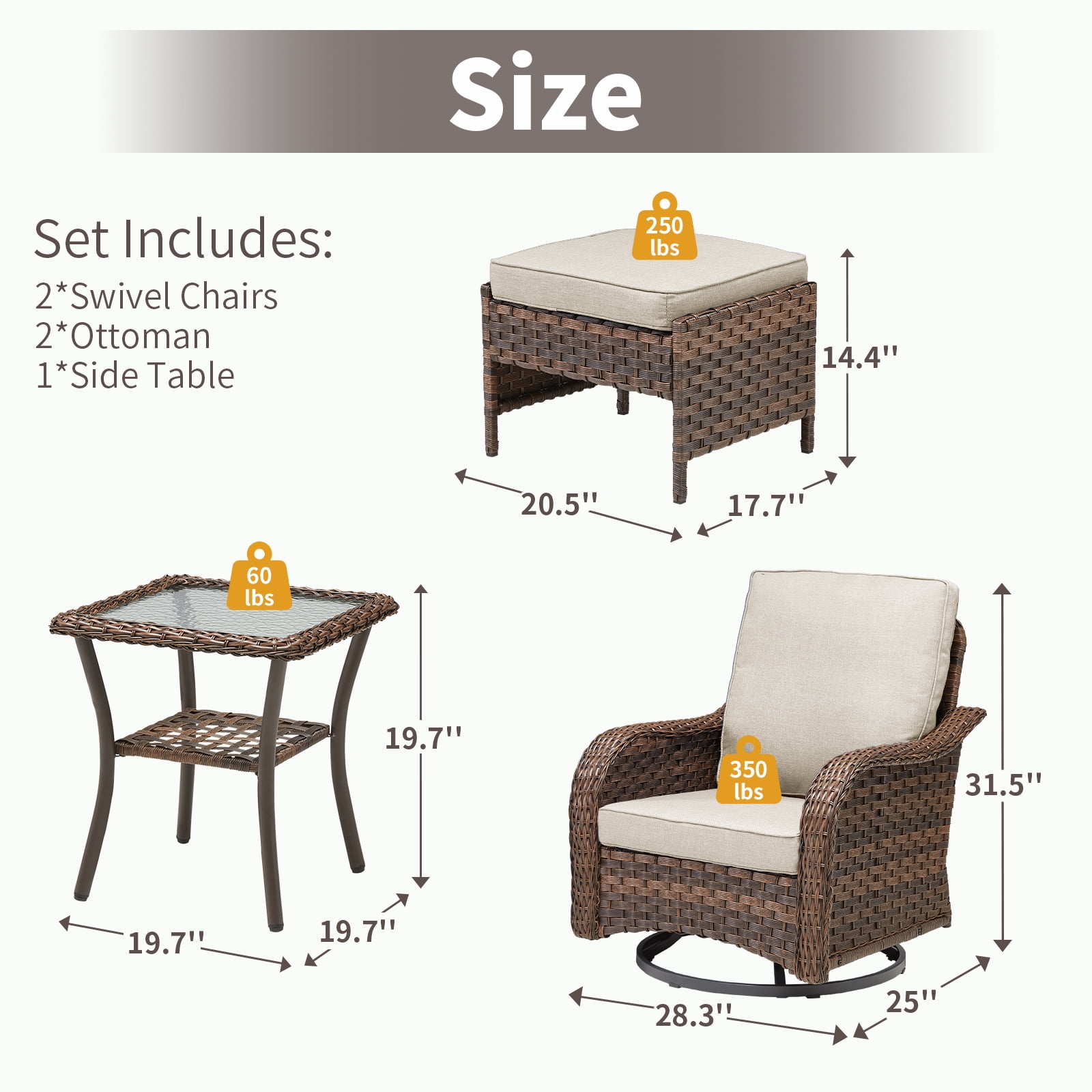 Planntonneo Patio Wicker Swivel Rocker Rocking Chairs with Ottomans and Side Table, Outdoor Rattan Furniture Set for Balcony Deck Backyard, Beige