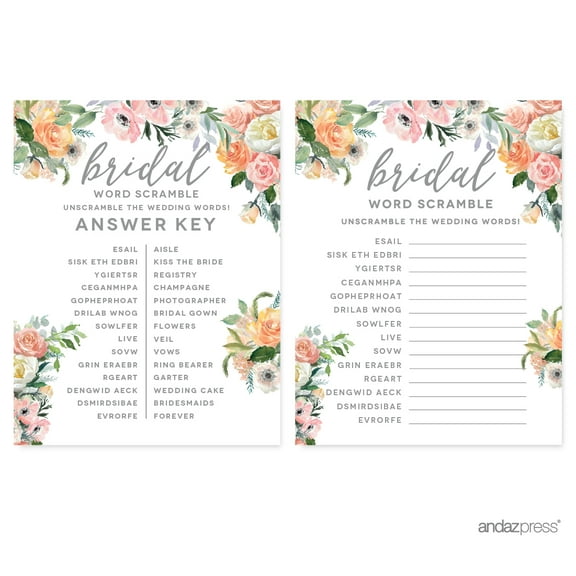 Peach Coral Floral Garden Party, Wedding Word Scramble Bridal Shower Game Cards, 20-Pack