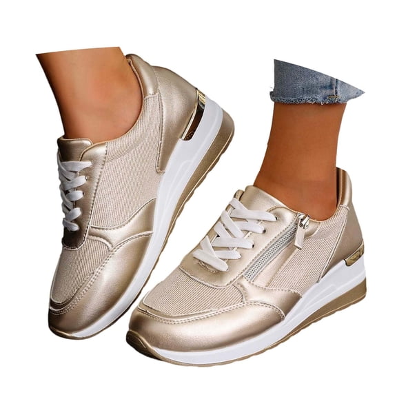 Wovix High Heel Wedge Sneakers for Women Platform Fashion Retro Classic Trainers Casual Lace-up Stylish Tennis Running Walking Shoes Gold 37