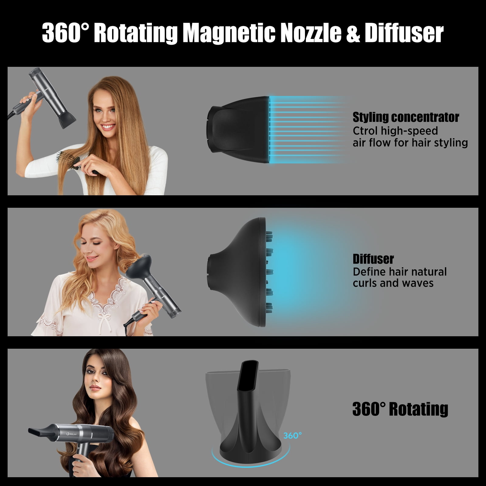 Blow Dryer with Diffuser, IG INGLAM Professional Hair Dryer 110,000RPM Brushless Motor High Speed Low Noise Constant Temperature Auto-Clean, Powerful Ionic Hair Dryer for Salon Travel Gift