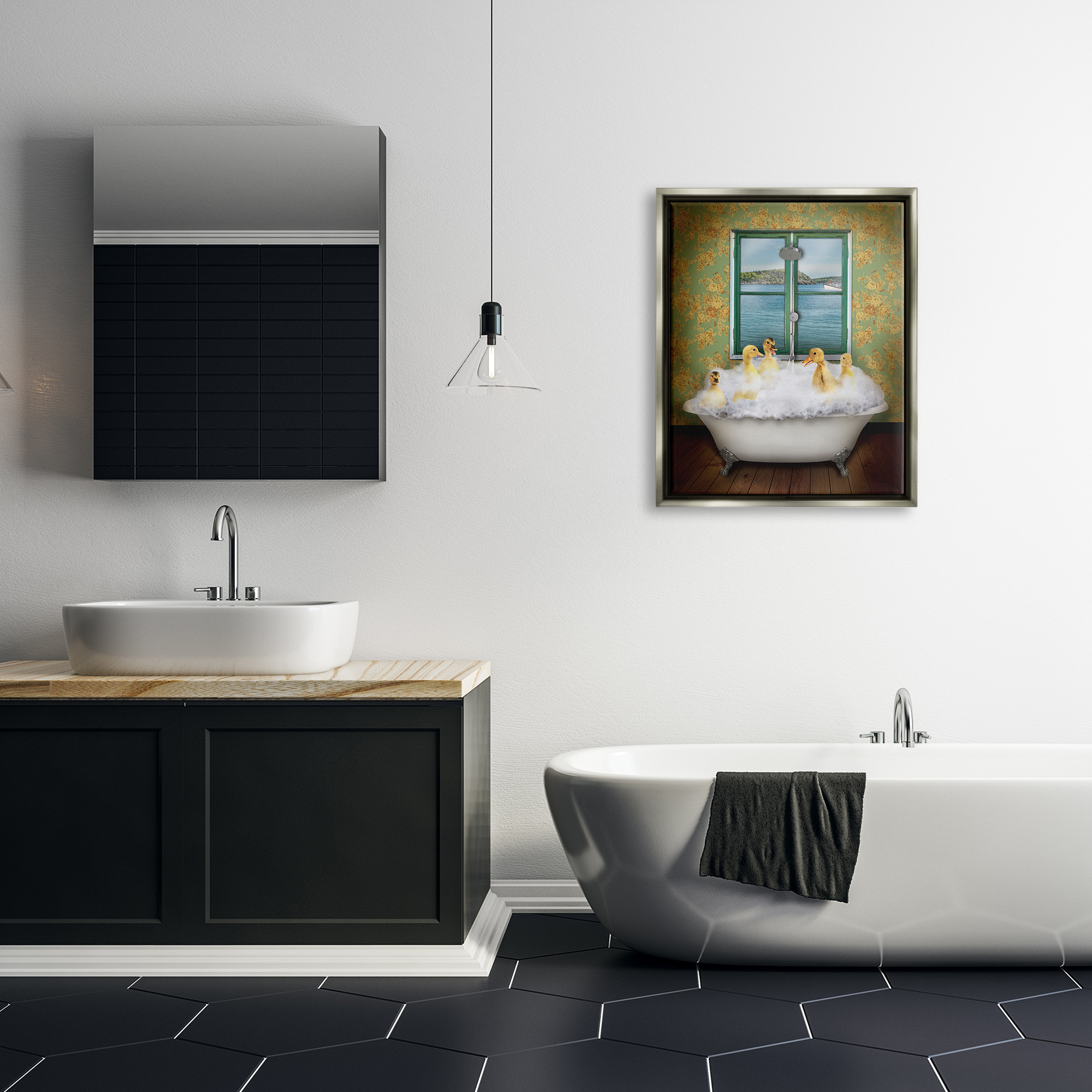 Ducks Bathing Tub Ocean View Animals & Insects Graphic Art Luster Gray Framed Art Print Wall Art