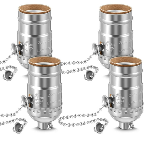 Lsupdaol 4 Pcs Pull Chain Lamp Socket Replacement, E26 Standard Threaded Base, Light Socket with Pull Chain, Lamp Parts for Repair (Silver)