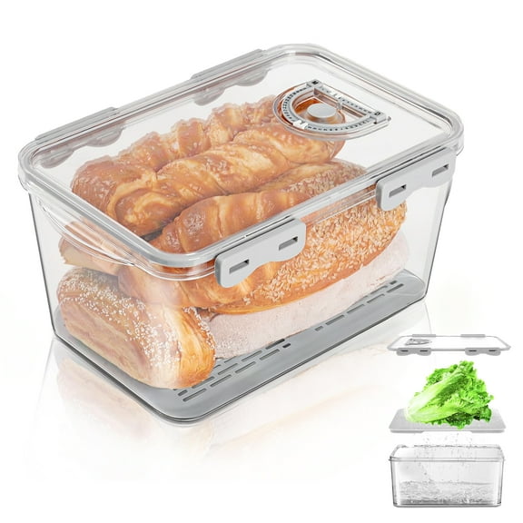 Airtight Bread Box with Lid,  Kitchen Countertop Storage Containers with Time Recording & Draining Board, Bread Storage Box for Toast, Donut and Fruits, Gray