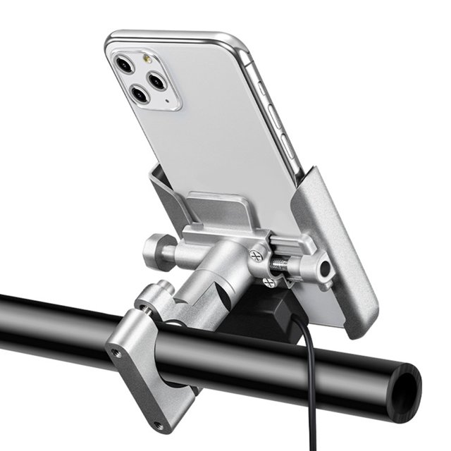 Soporte para teléfono Soporte para teléfono de motocicleta Aleación de aluminio Soporte giratorio para teléfono móvil, Plata, Manillar, Recargable seitruly EL001665-05B