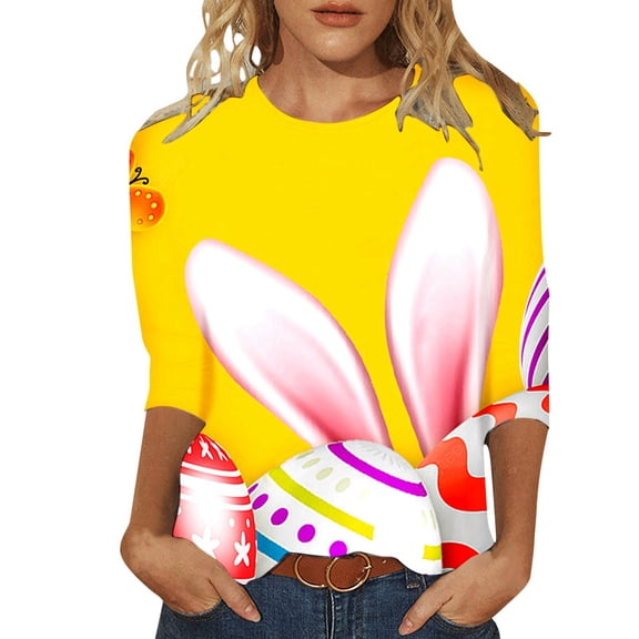 MuXiKeJi Clothes Easter Shirts for Women V Neck 3/4 Sleeve Happy Easter Day T-Shirts Bunny Peeps Eggs Graphic Top
