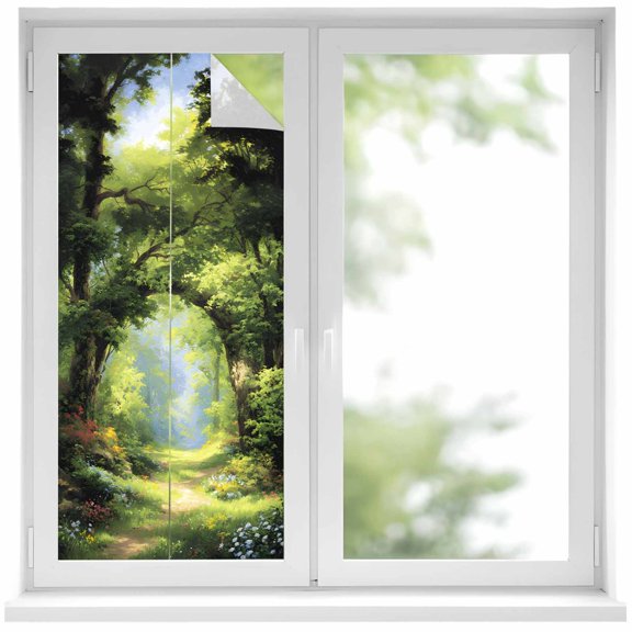 Window Privacy Film Forest Stained Glass Window Film Decorative Sun Block Window Cover Nature Woodland Spring Scenic Green Trees Flower Window Clings Static Adhesive Sticker for Bathroom 17.7"x39.3"