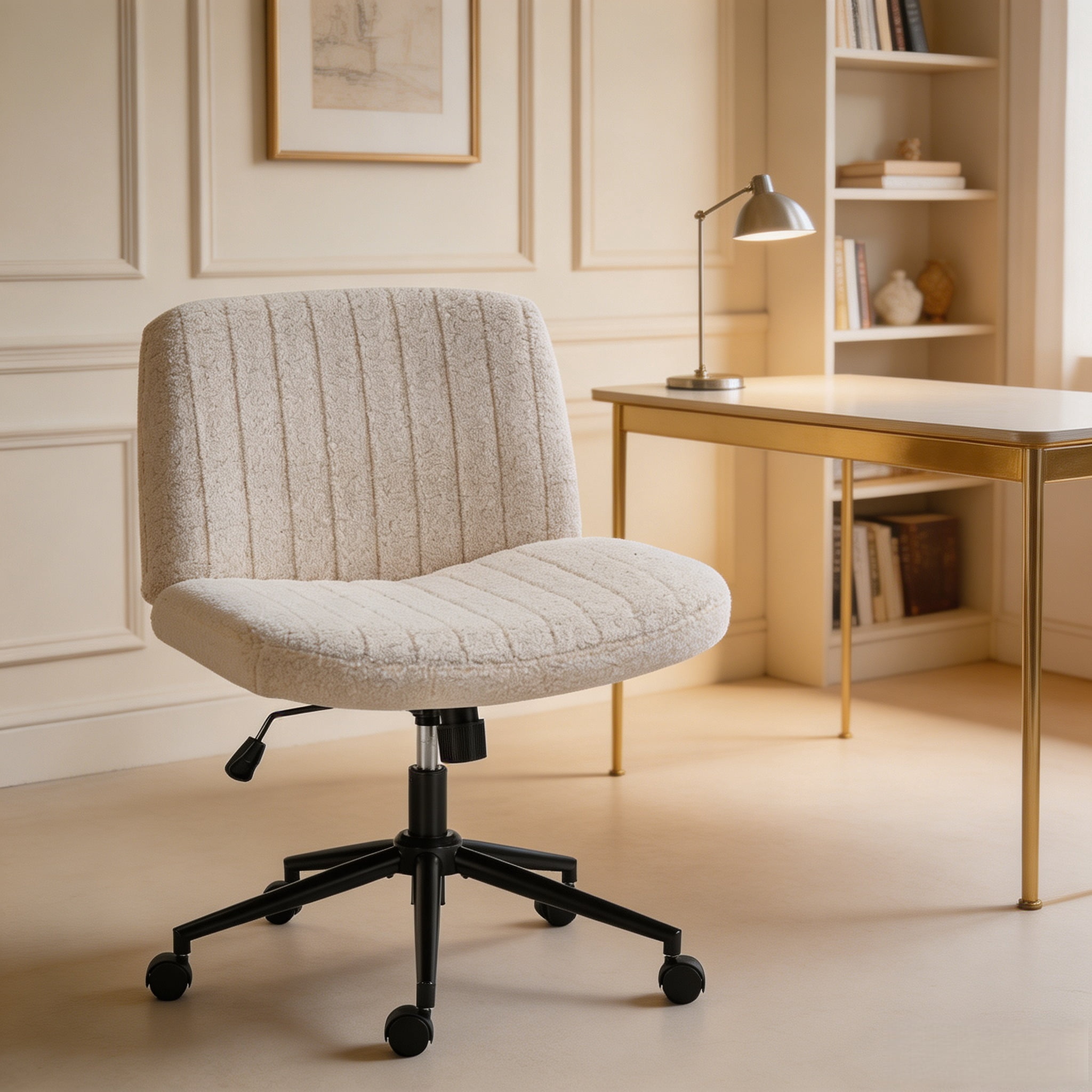 Office Desk and Vanity Chair, Armless Cross-Legged Swivel Task Chair with Wide Fabric Seat, Height Adjustment, and Replaceable Wheels or Fixed Base