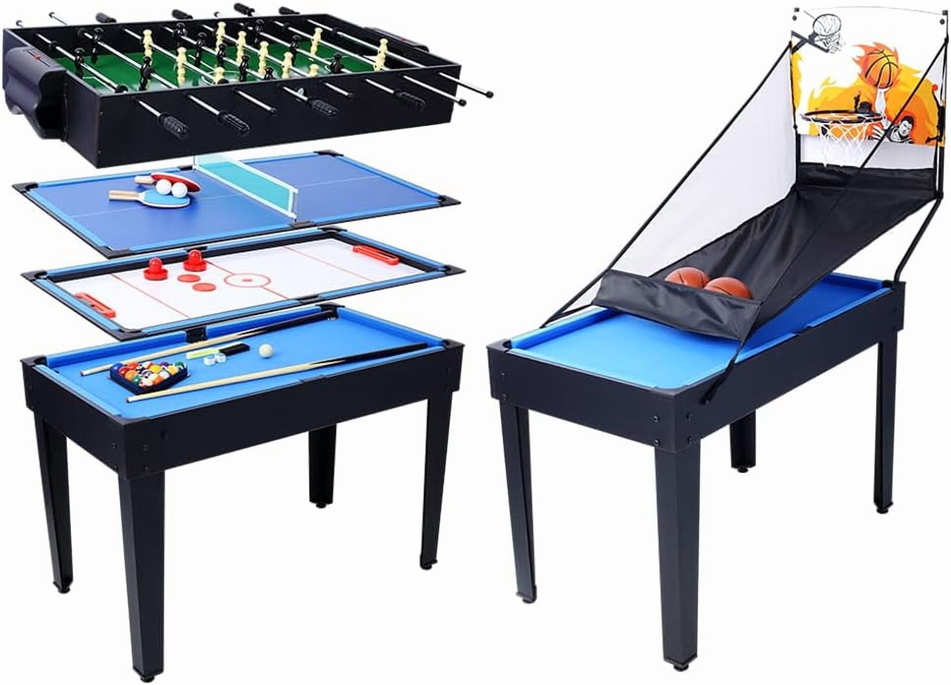 Rugerasy 5 in 1 Multi-Game Table,Combo Game Table with Billiards,Push Hockey,Foosball,Ping Pong,Basketball for Adults,Portable Multi Game Combination Table Set for Home,Game Room,Black/blue