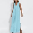 thumbnail image 2 of Vestido largo sin mangas con cuello en V para mujer: color liso, estilo boho, abertura delantera, mezcla de poliéster y spandex, largo hasta el tobillo, para verano, 2 of 8