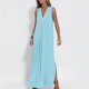 thumbnail image 2 of Vestido largo sin mangas con cuello en V para mujer: color liso, estilo boho, abertura delantera, mezcla de poliéster y spandex, largo hasta el tobillo, para verano, 2 of 8