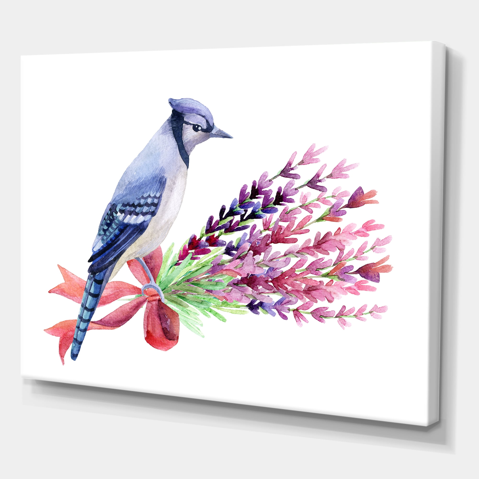Designart ' Blue Jay Bird On Bouquet Of Pink Flowers ' Traditional Canvas Wall Art Print