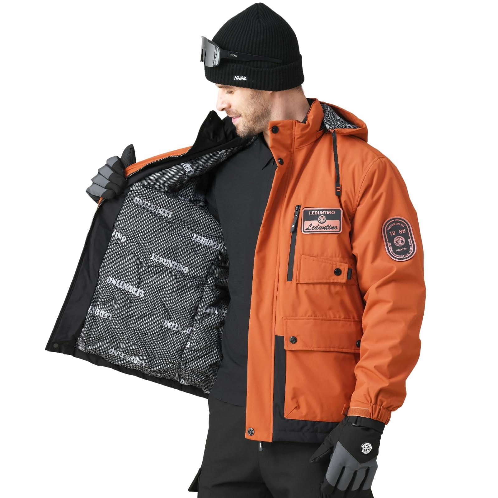 LEDUNTINO Men's Winter Jacket With Hood Water-Resistant Casual Coat Composite Fleece-Lined Outdoor Apparel For Cold Weather