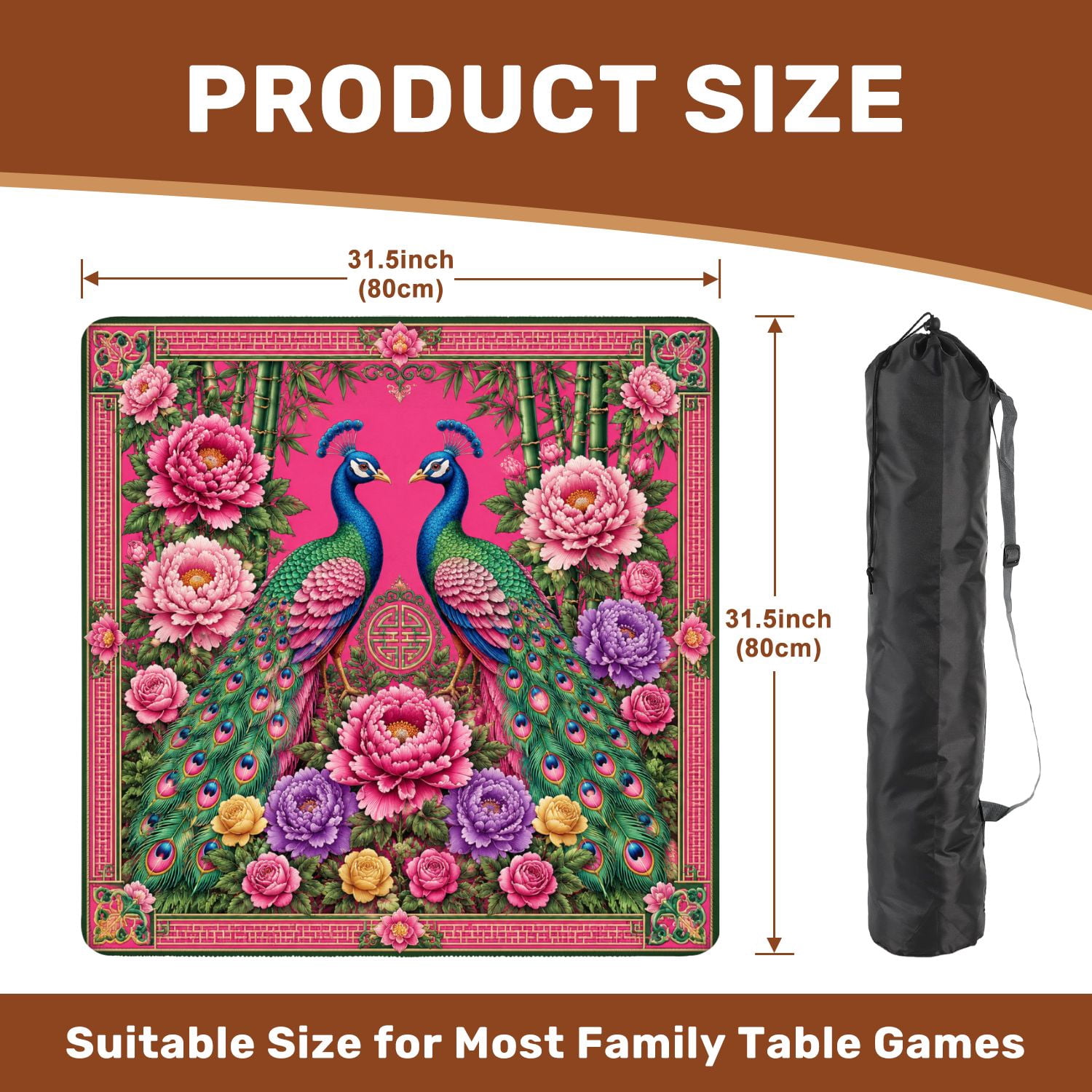 Mahjong Mat 31.5" x 31.5" Vibrant Peacock Floral Art Colorful Feathers Bright Pink Non-Slip Noise Reduction Chic Portable Gaming Table Cover for Family Game Night & Gift