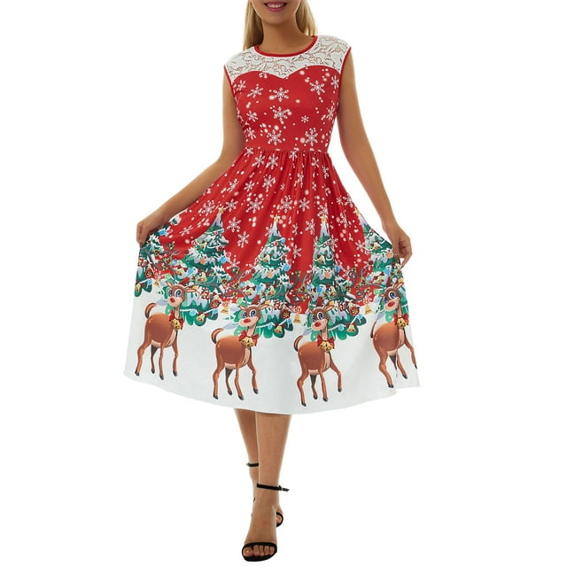 Pudcoco Women's Dress Christmas Style Pattern Lace Sleeveless Midi Dress