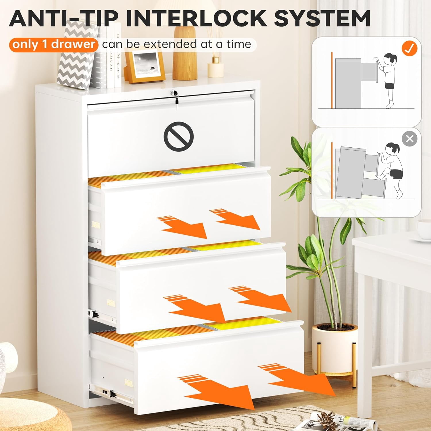 SUNCROWN File Cabinet 4 Drawers, Metal Lateral Filing Cabinet with Lock, Office Locking File Cabinets for Letter/Legal/A4/F4, White-28”W, Easy Assemble