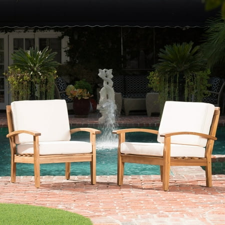 Aletta Outdoor Wooden Club Chairs with Cushions, Set of 2, Teak Finish,
