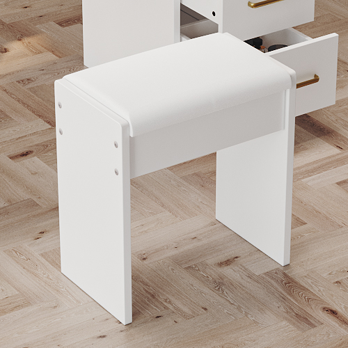 UGTOO 35.4" White Makeup Vanity Desk with LED Mirror, Solid Wood Frame, 5-Drawer Dressing Table, Gold Handles