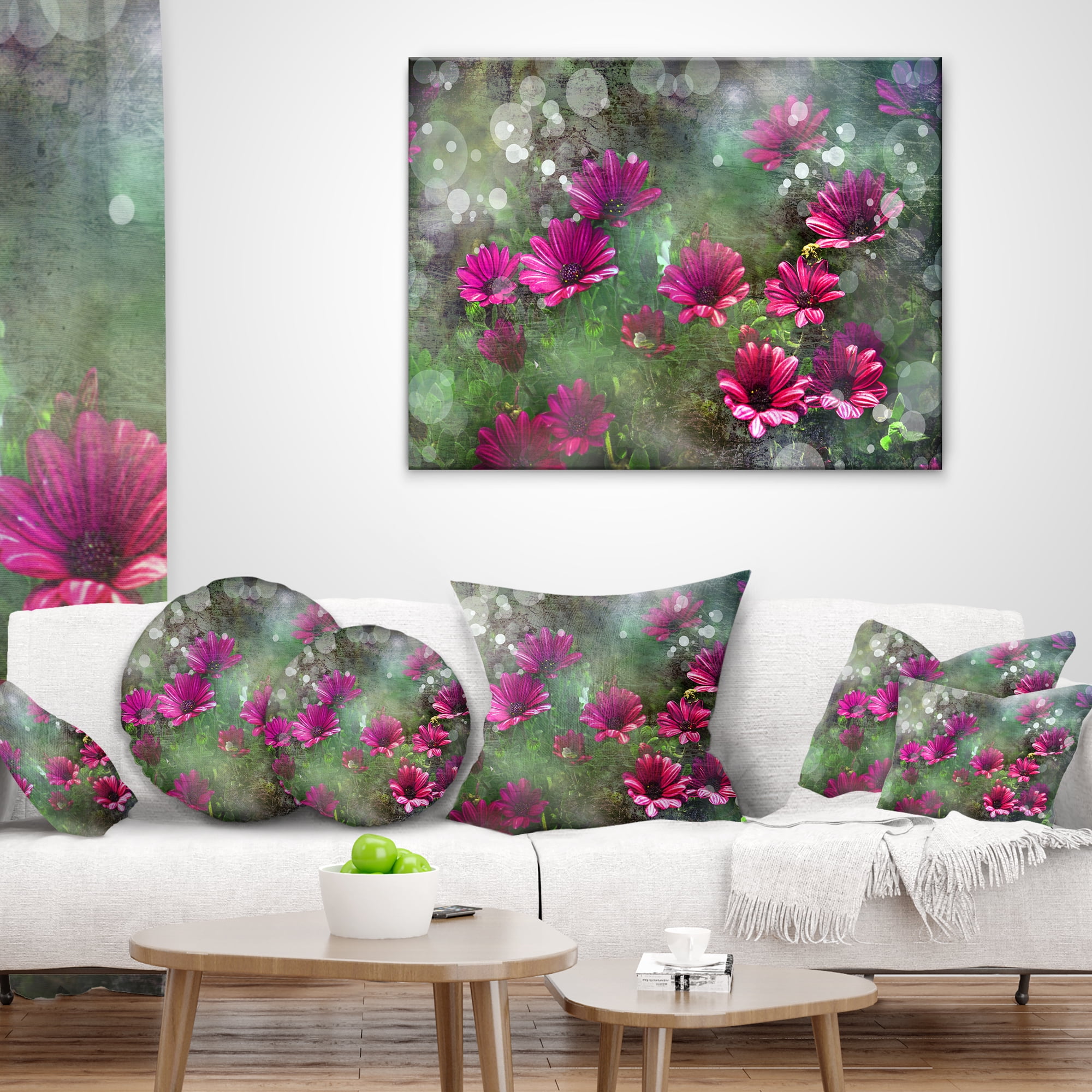 Designart Red and Pink Flowers on Green - Floral Throw Pillow - 12x20