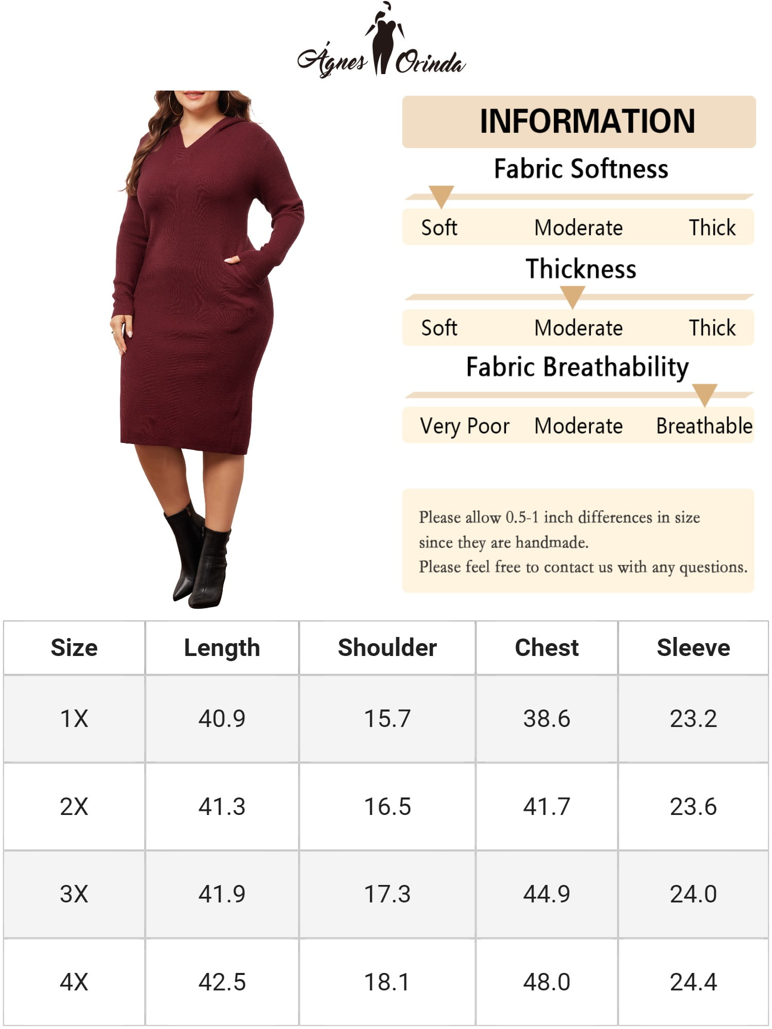 DARING DIVA Plus Size Women Fall Sweater V Neck Knit Pullover Dress 2X Burgundy