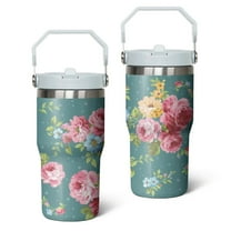20oz Pioneer Colorful Floral Stainless Steel Flip Straw Tumbler with Lid and Straw Spill Proof Travel Cup Double Wall Vacuum Insulated Coffee Mug with Top Handled White