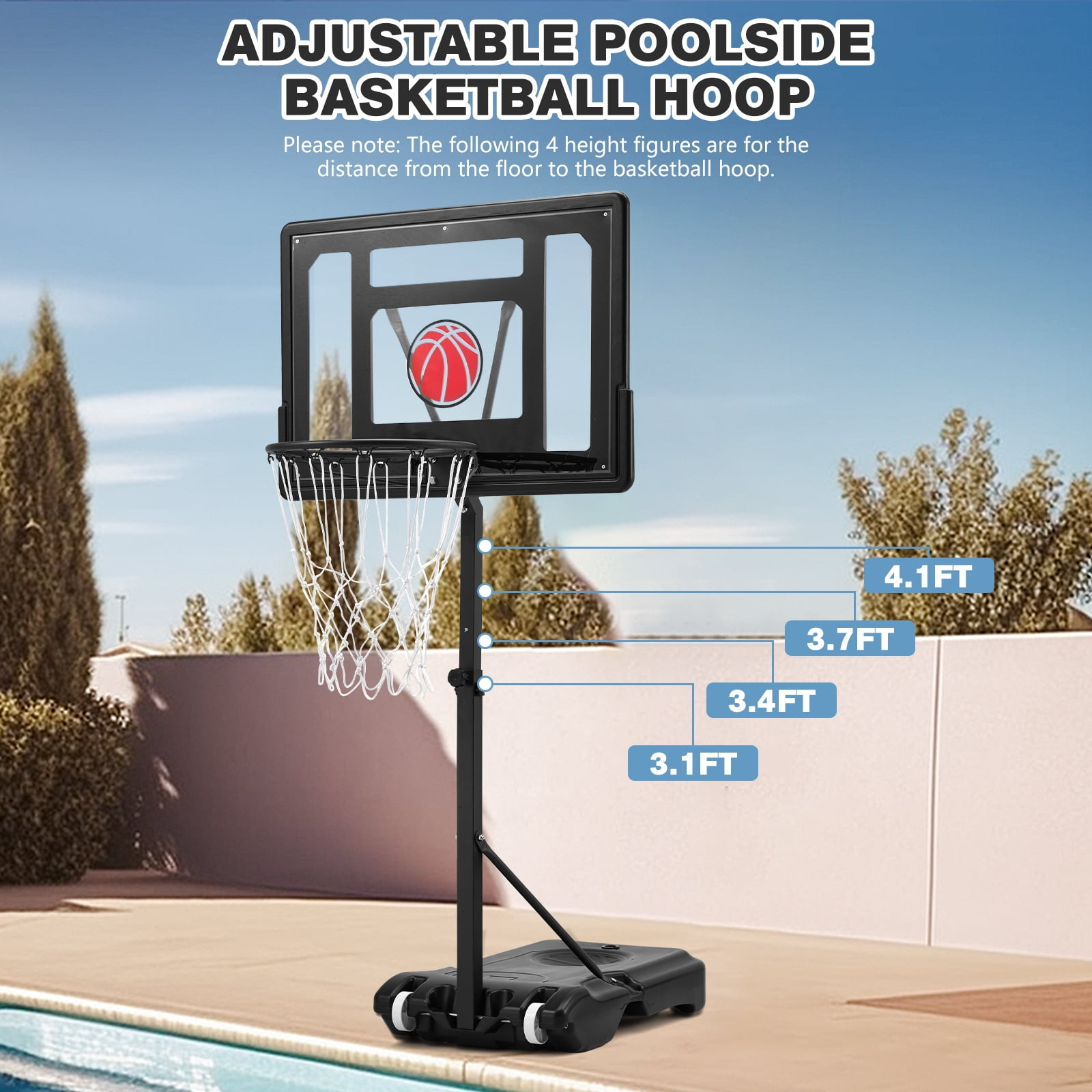 Danrelax 3.1-4.1FT Adjustable Pool Basketball Hoop, 32"x23" Backboard, Portable, Black
